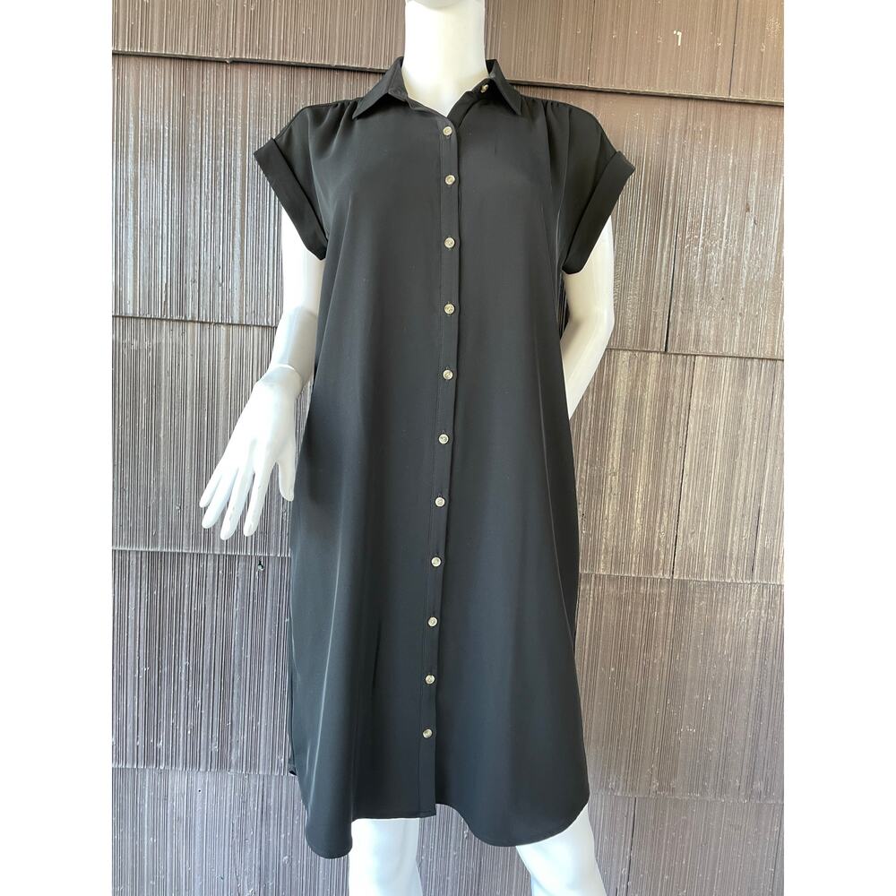 🔥NWT ($89) Loft Button Up Minimalist Modern Chic Black Midi Dress Size XS